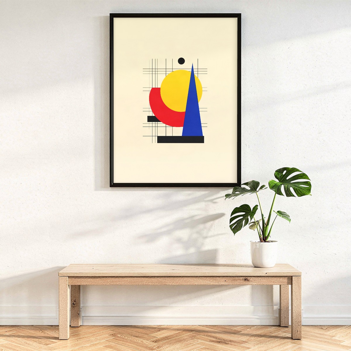 Bauhaus Wall Art, Minimalist Geometric Grid Poster, Yellow Circle Modern Print