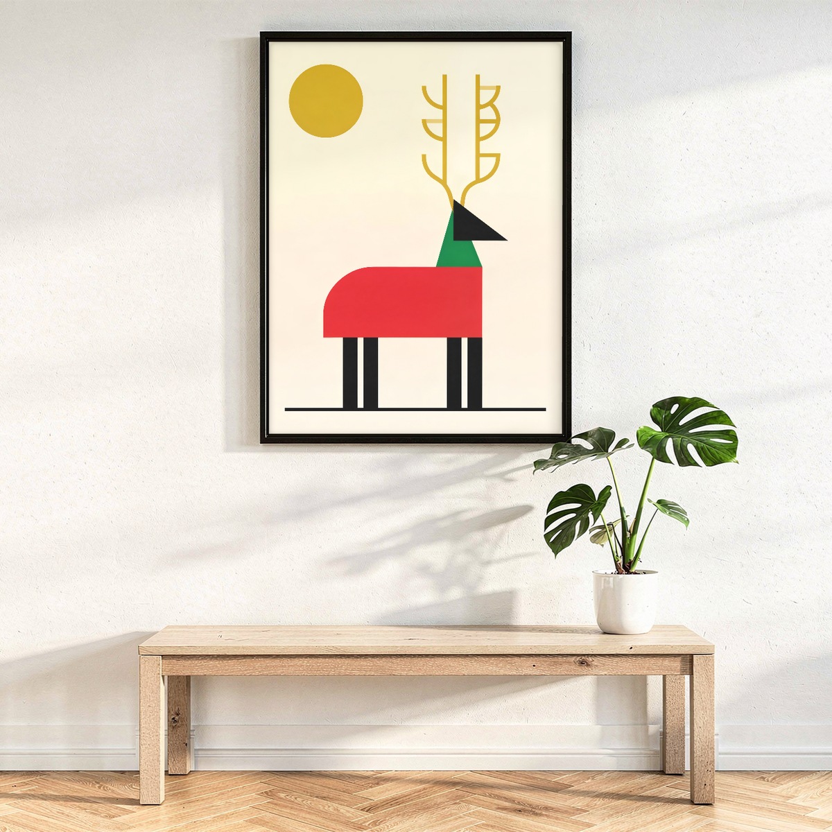 Bauhaus Reindeer Print, Mid Century Modern Christmas Poster, Geometric Holiday Wall Art