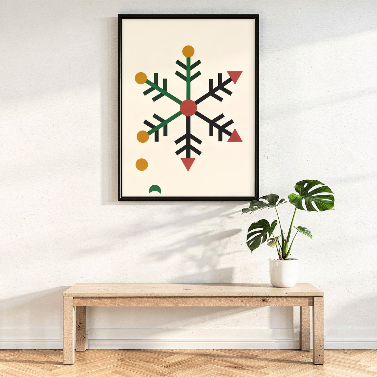 Geometric Snowflake Print, Bauhaus Winter Wall Art, Mid Century Modern Christmas Decor