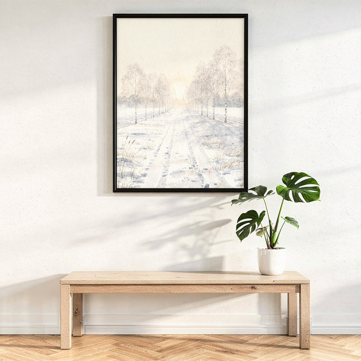 Winter Landscape Poster, Birch Tree Lane in Morning Mist, Minimalist Snowy Wall Art