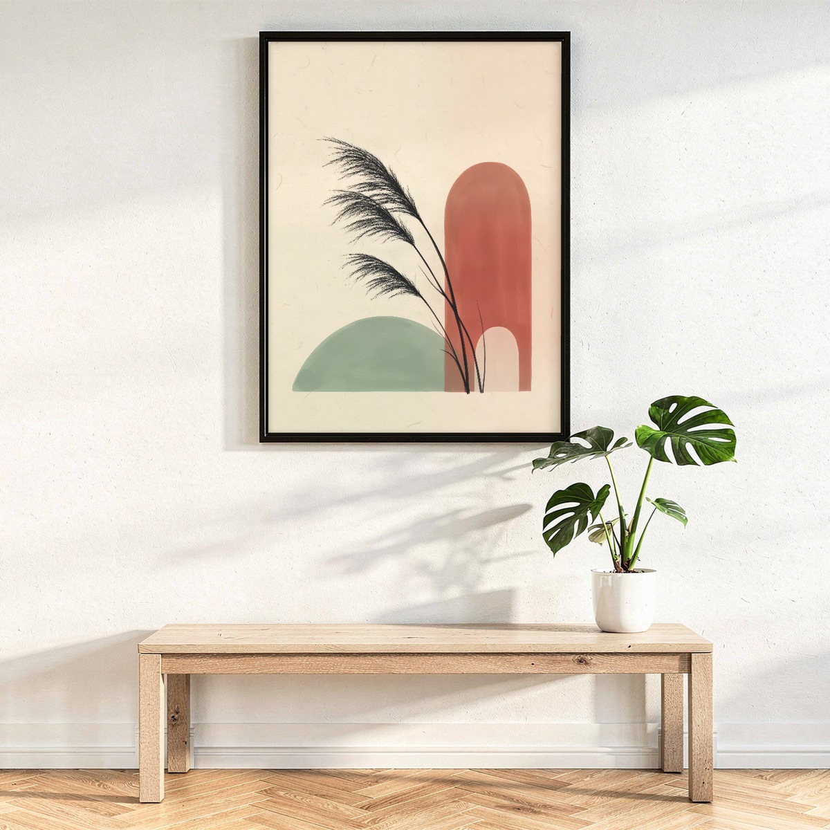 Boho Wall Art Pampas Grass Print, Japandi Abstract Arch Poster, Earth Tone Decor