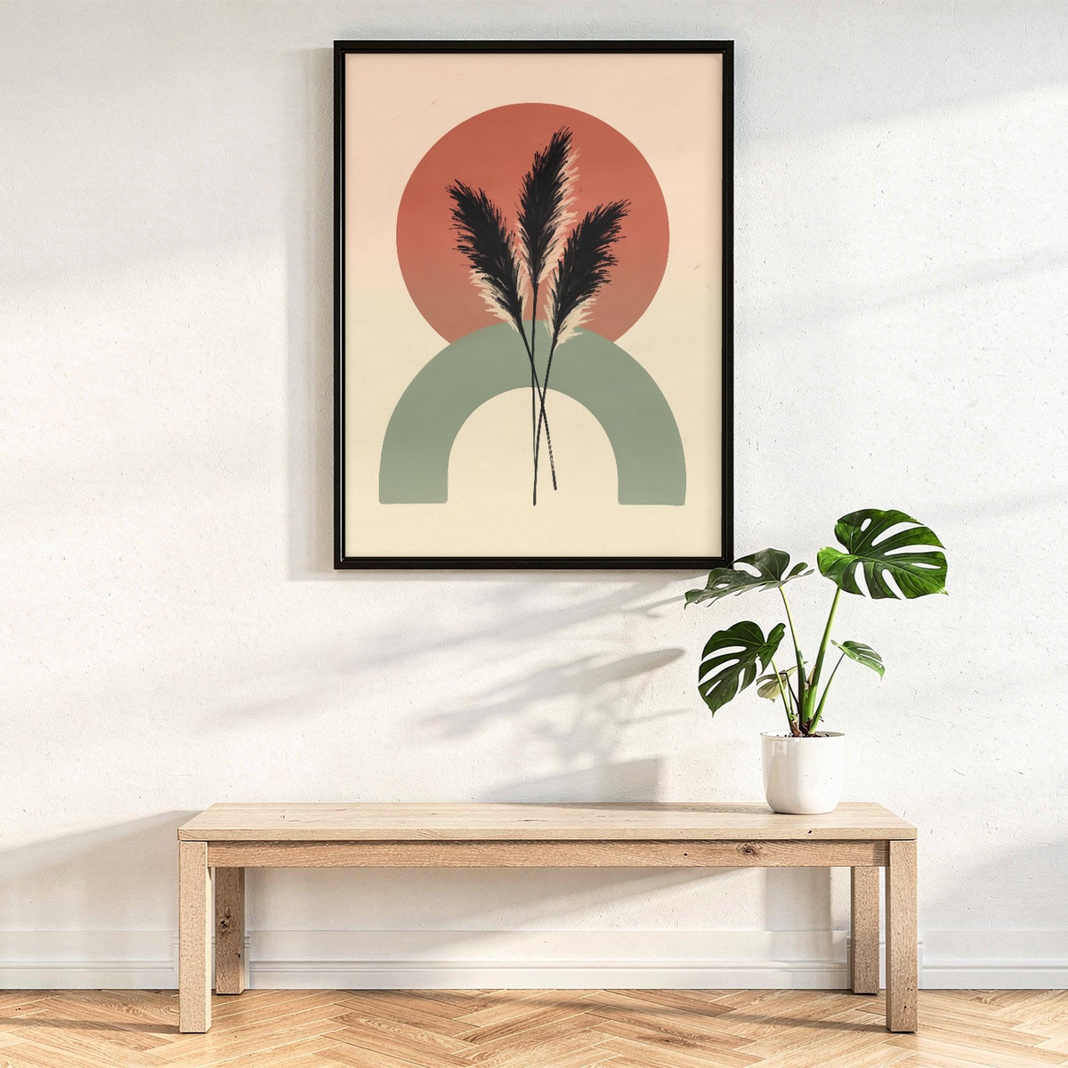 Sage Green Wall Art, Pampas Grass Sun and Arch Poster, Japandi Abstract Boho Print