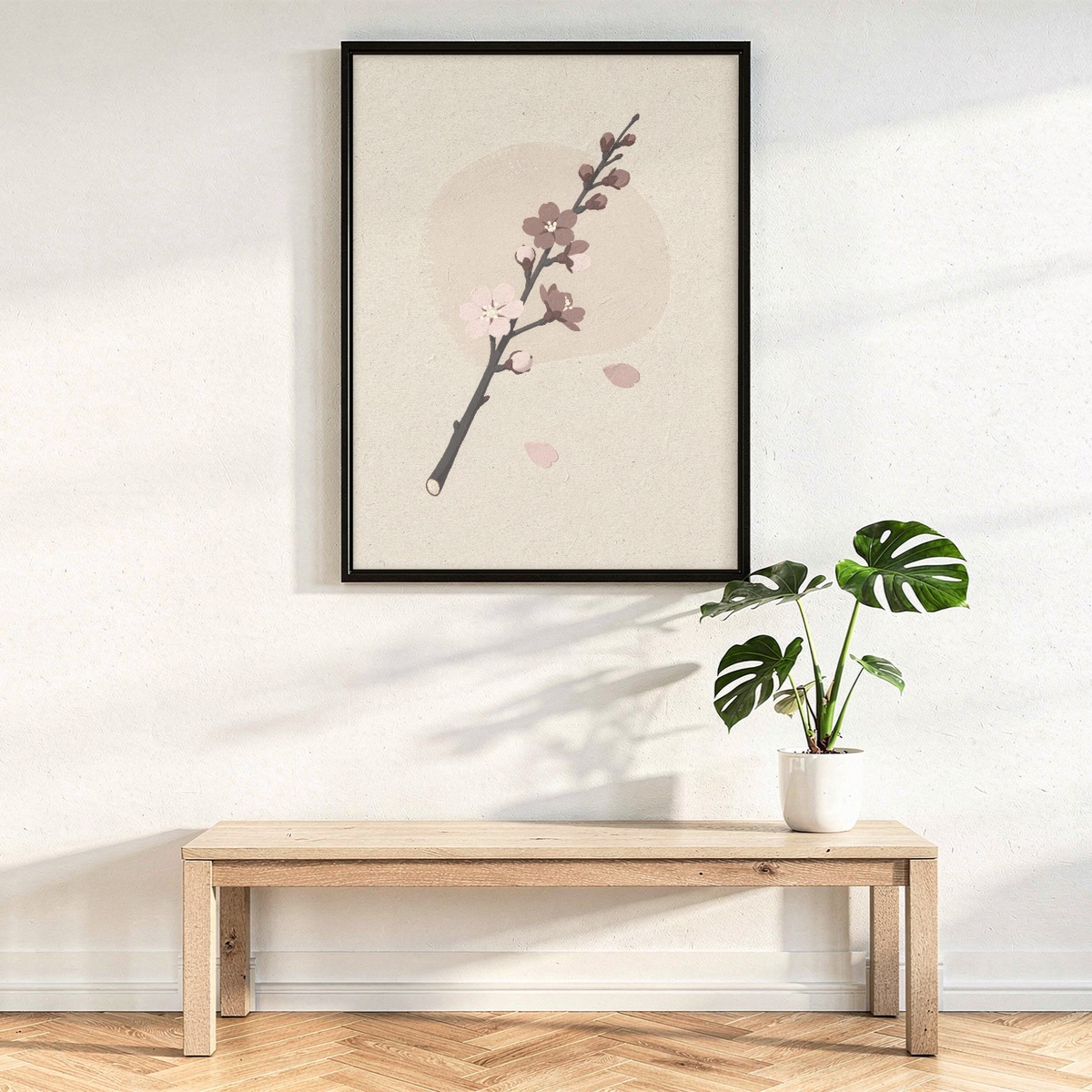 Pink Floral Wall Art, Cherry Blossom Branch Poster in Japandi Style, Neutral Print