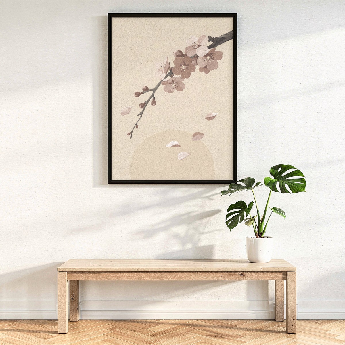 Cherry Blossom Art Print, Dusty Pink Branch and Falling Petals Poster, Japandi Decor
