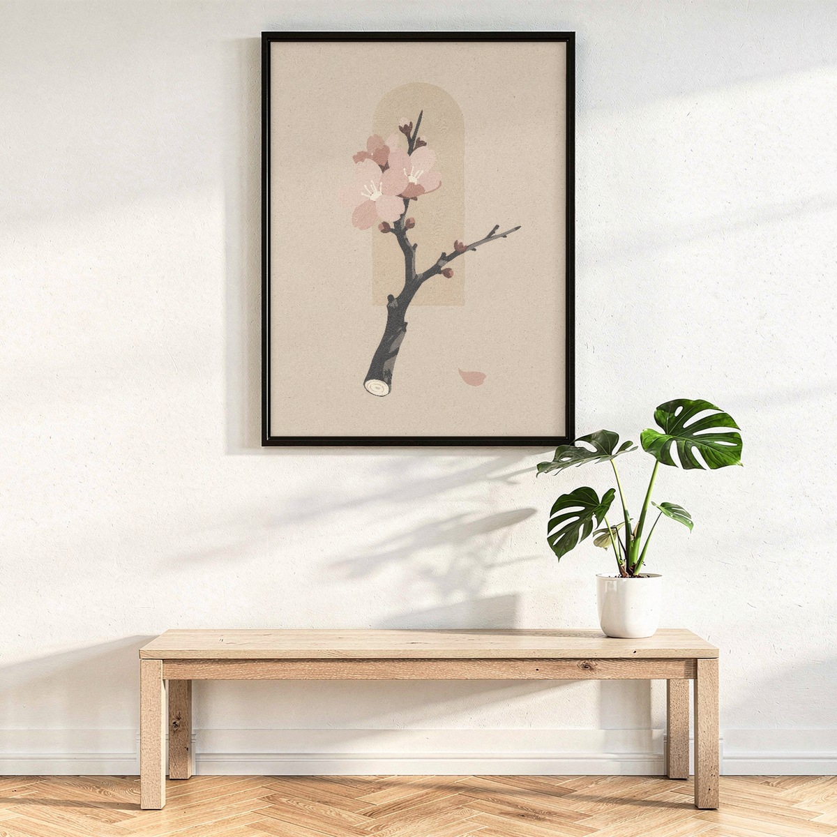 Sakura Art Poster, Pink Cherry Blossom Branch and Arch Print, Minimalist Floral Decor