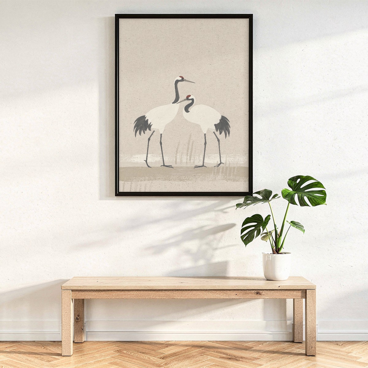 Crane Wall Art, Two Red Crowned Cranes Poster in Japanese Style, Neutral Japandi Print