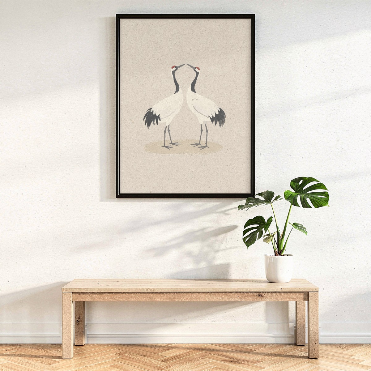 Japanese Style Crane Art Print, Facing Cranes Pair Poster, Minimalist Bird Decor
