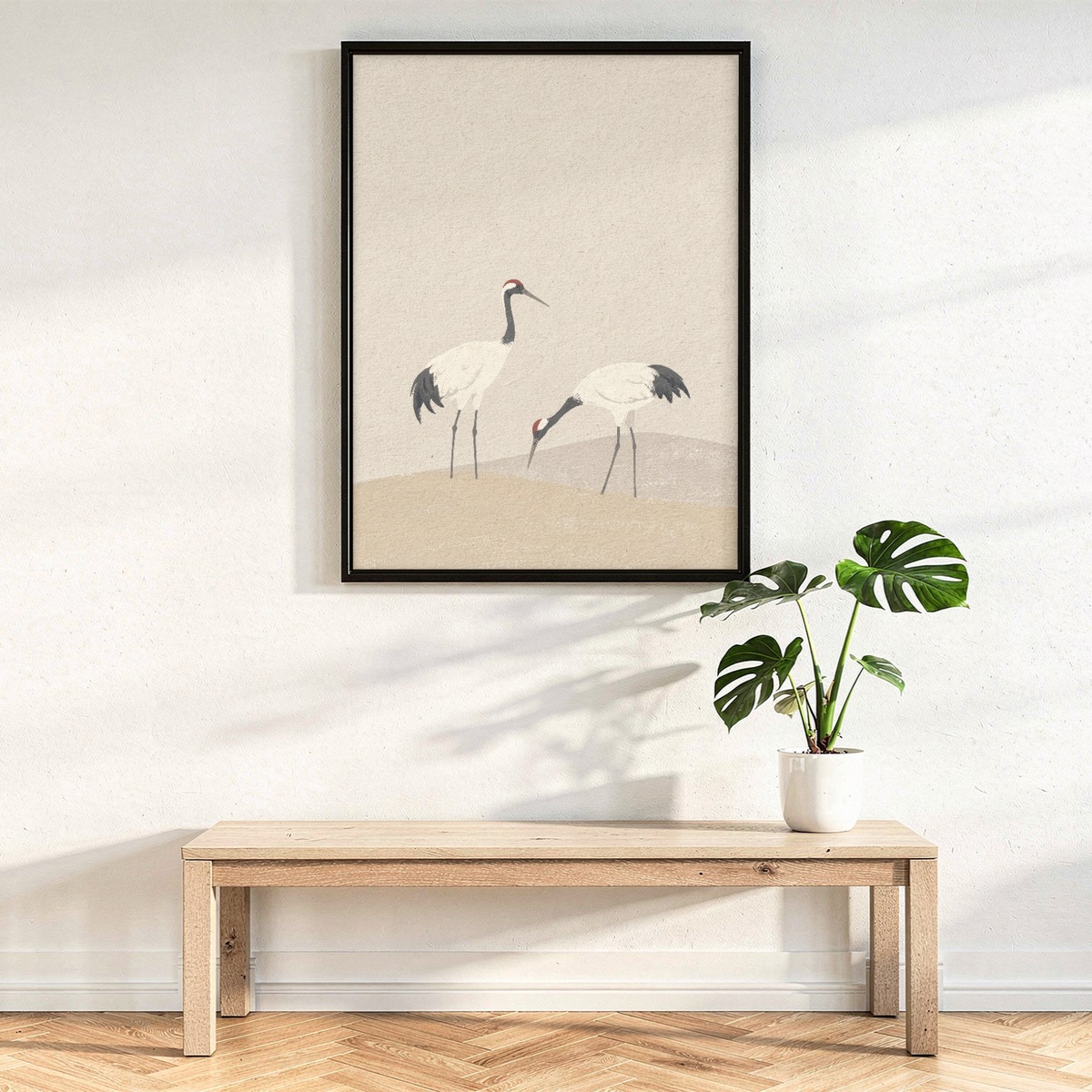 Crane Print, Two Birds on Sand Hills Landscape Poster, Wabi Sabi Minimalist Wall Art