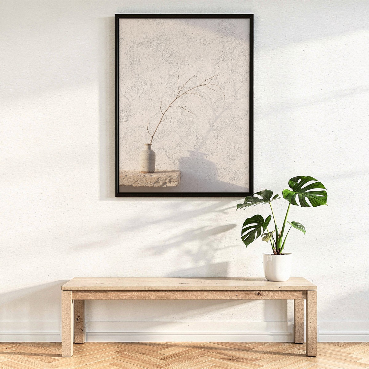 Vase Wall Art, Wabi Sabi Branch Shadow Poster in Japandi Style, Minimalist Beige Print