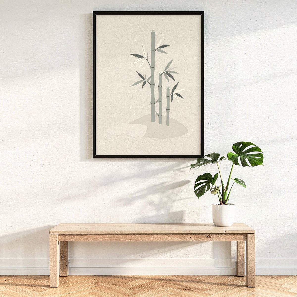 Bamboo Wall Art, Three Sage Green Stalks Poster in Japandi Style, Neutral Zen Decor