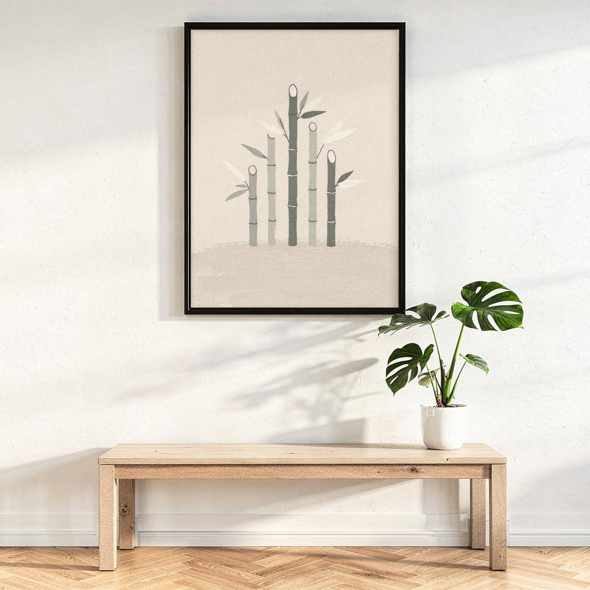 Bamboo Print, Five Stalks Minimalist Poster, Sage Green and Beige Wall Art