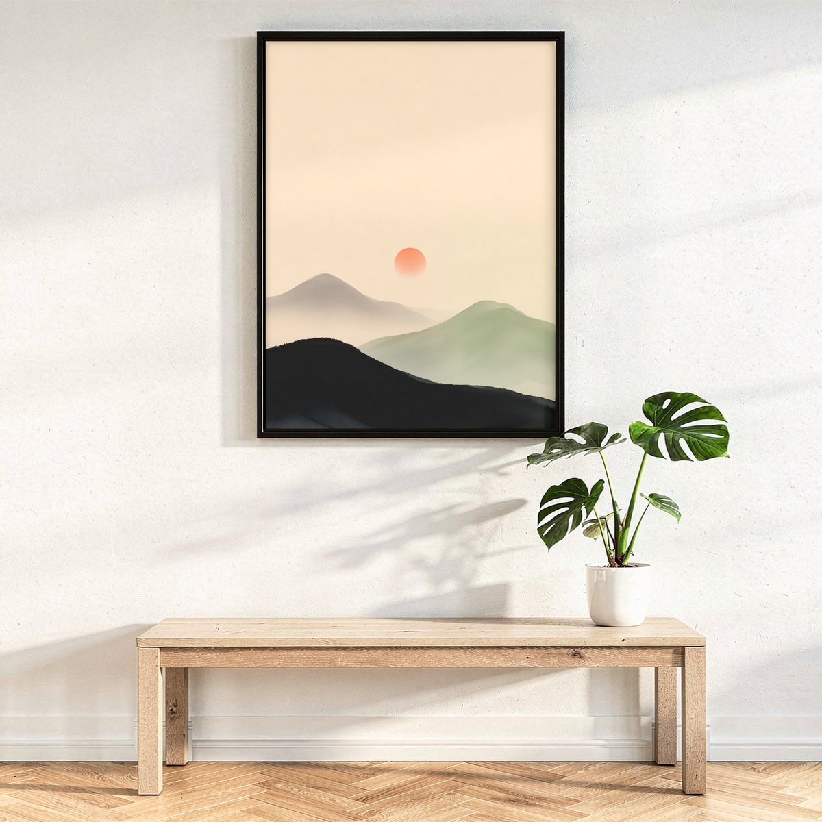 Minimalist Landscape Wall Art, Misty Hills Ink Style Poster, Japandi Sunrise Print