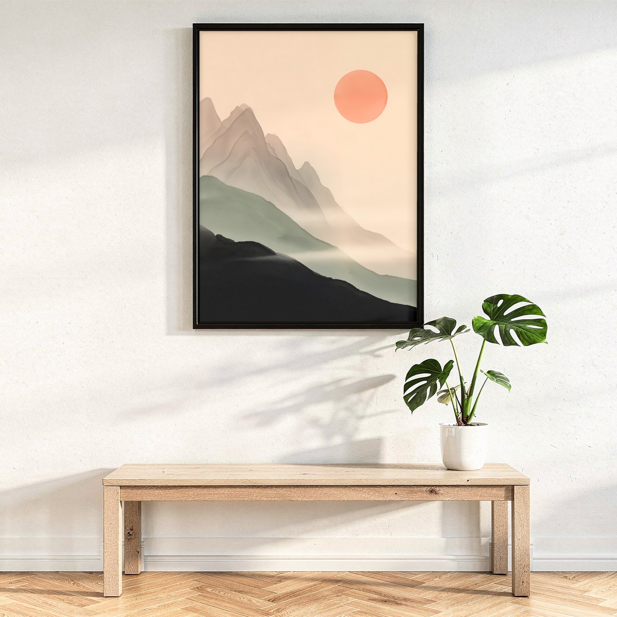 Mountain Wall Art, Japandi Ink Style Landscape Poster, Misty Peaks and Red Sun