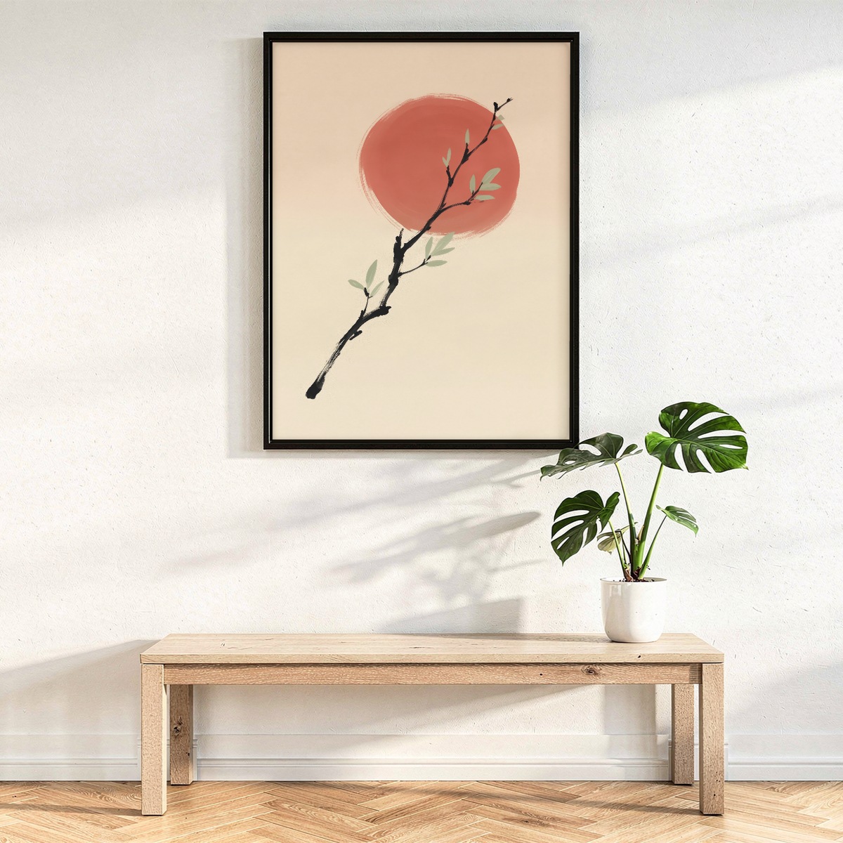 Japandi Wall Art, Ink Branch and Terracotta Sun Poster, Wabi Sabi Neutral Decor