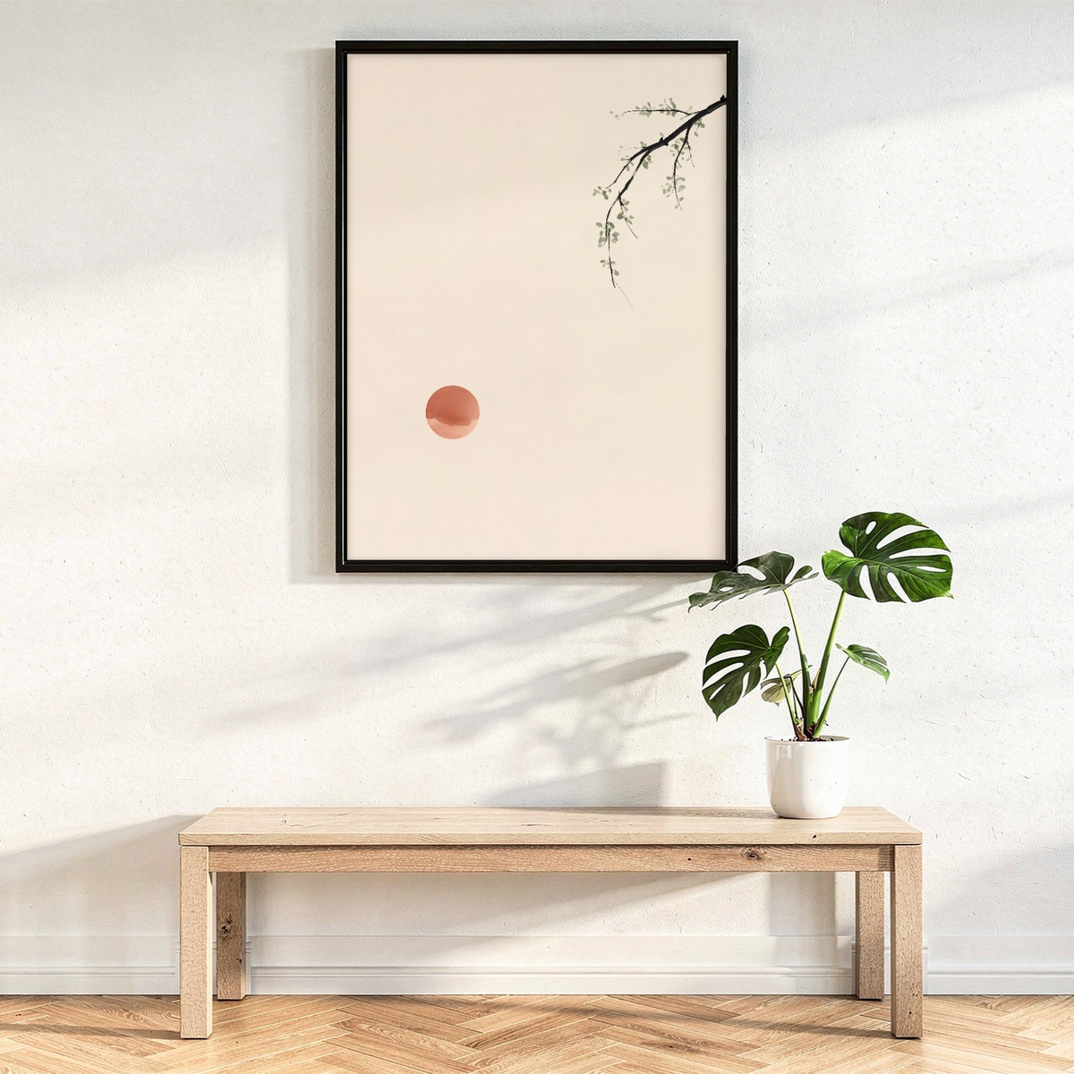 Zen Wall Art, Hanging Branch and Small Sun Minimalist Print, Japandi Neutral Decor
