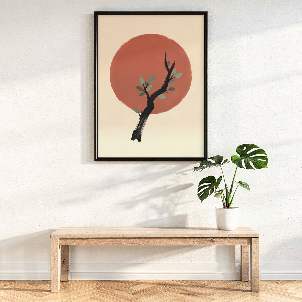 Botanical Wall Art, Bold Ink Style Branch on Terracotta Sun Poster, Japandi Decor
