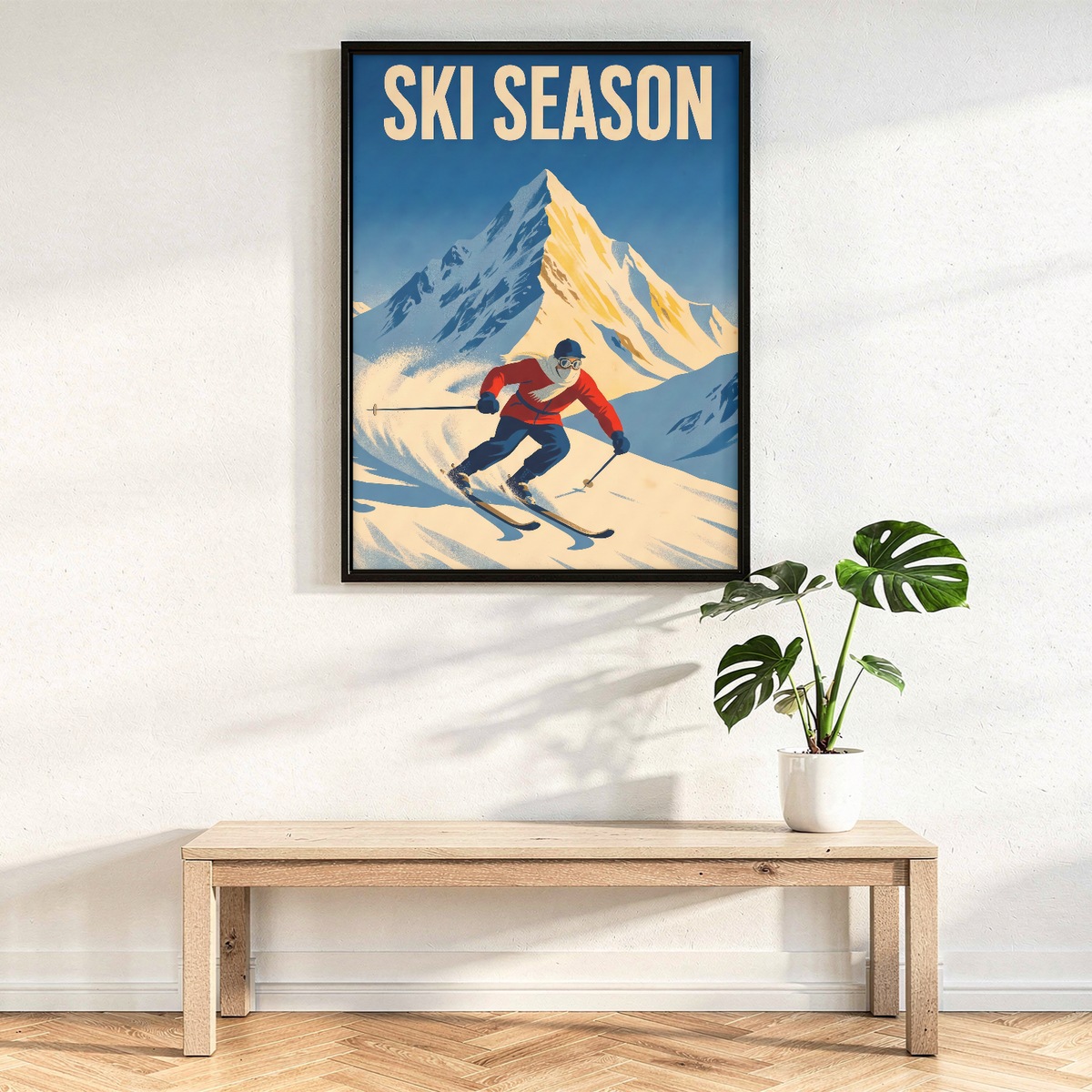 Skier Wall Art, Retro 1930s Style Ski Poster with Mountain Peak, Winter Lodge Print