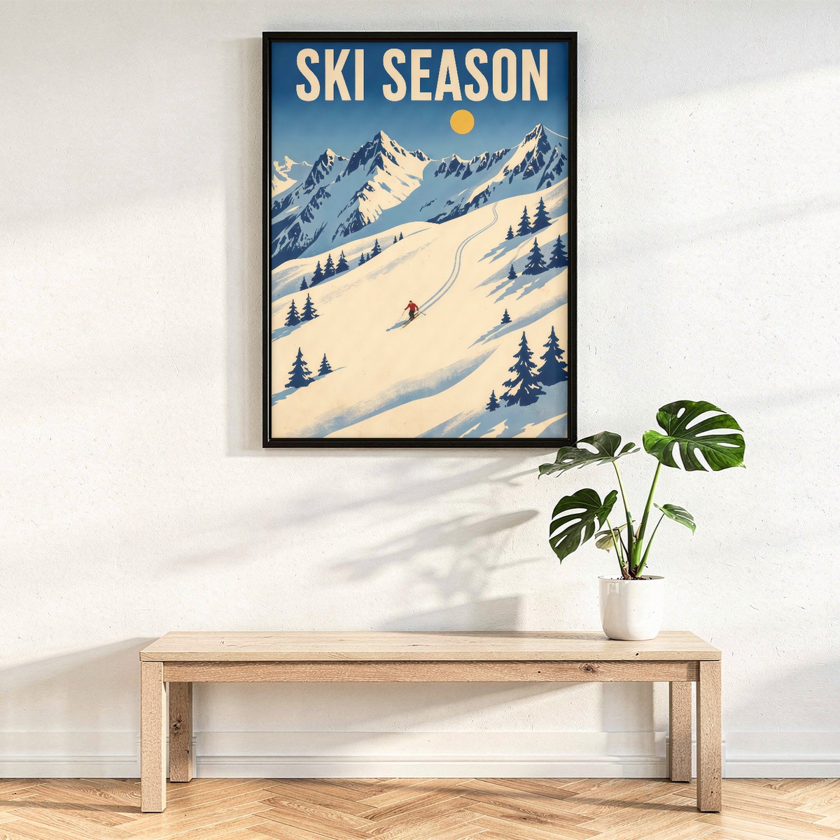 Ski Art Print, Powder Slope and Tiny Skier Retro Poster, Winter Mountain Wall Decor