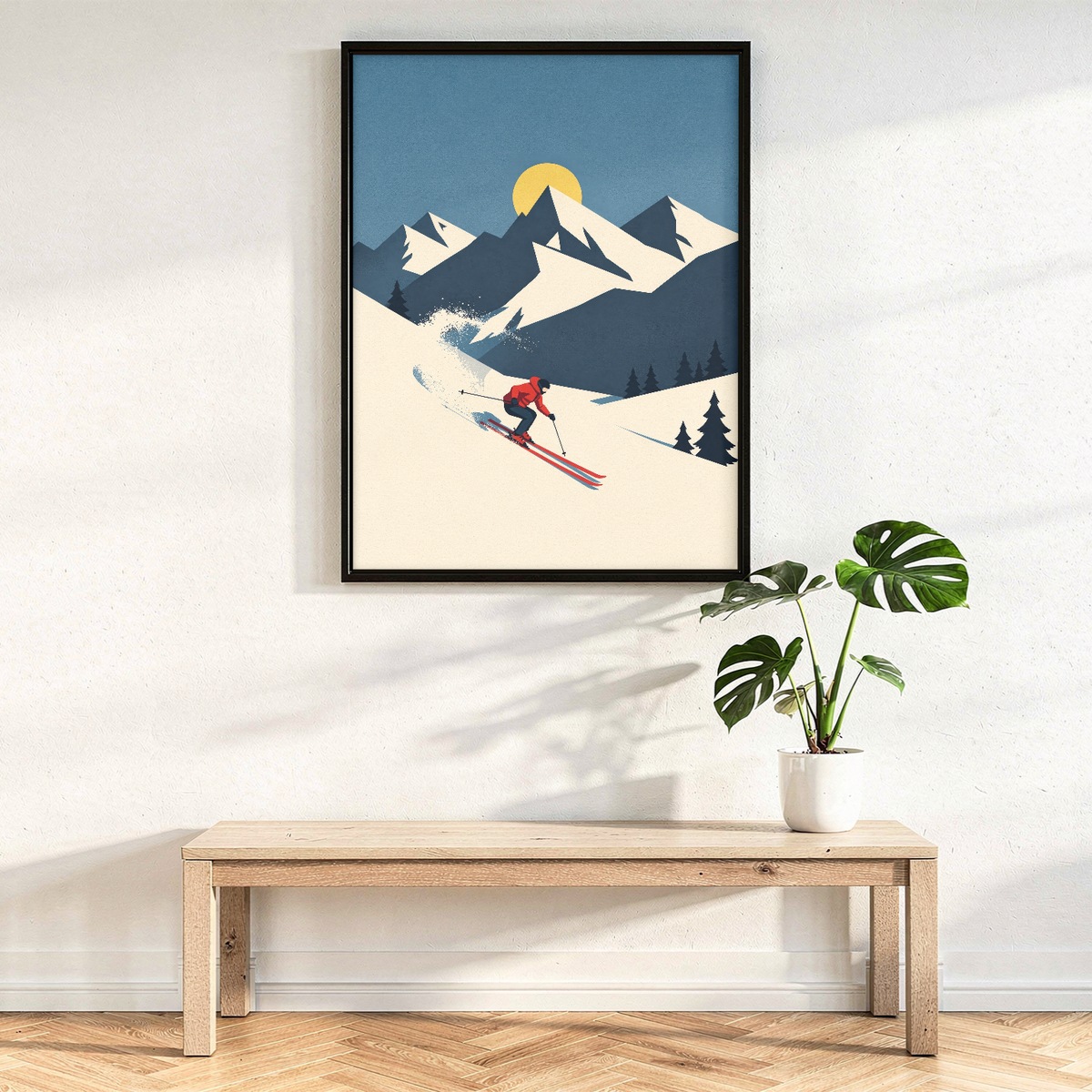 Retro Ski Poster, Downhill Skier Print, Mountain Cabin Wall Art