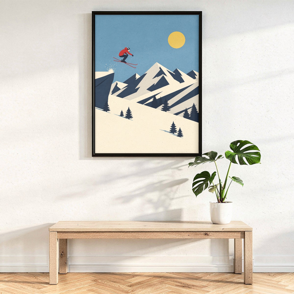 Skiing Poster, Freeride Skier Jump Print in Vintage Style, Winter Mountain Art