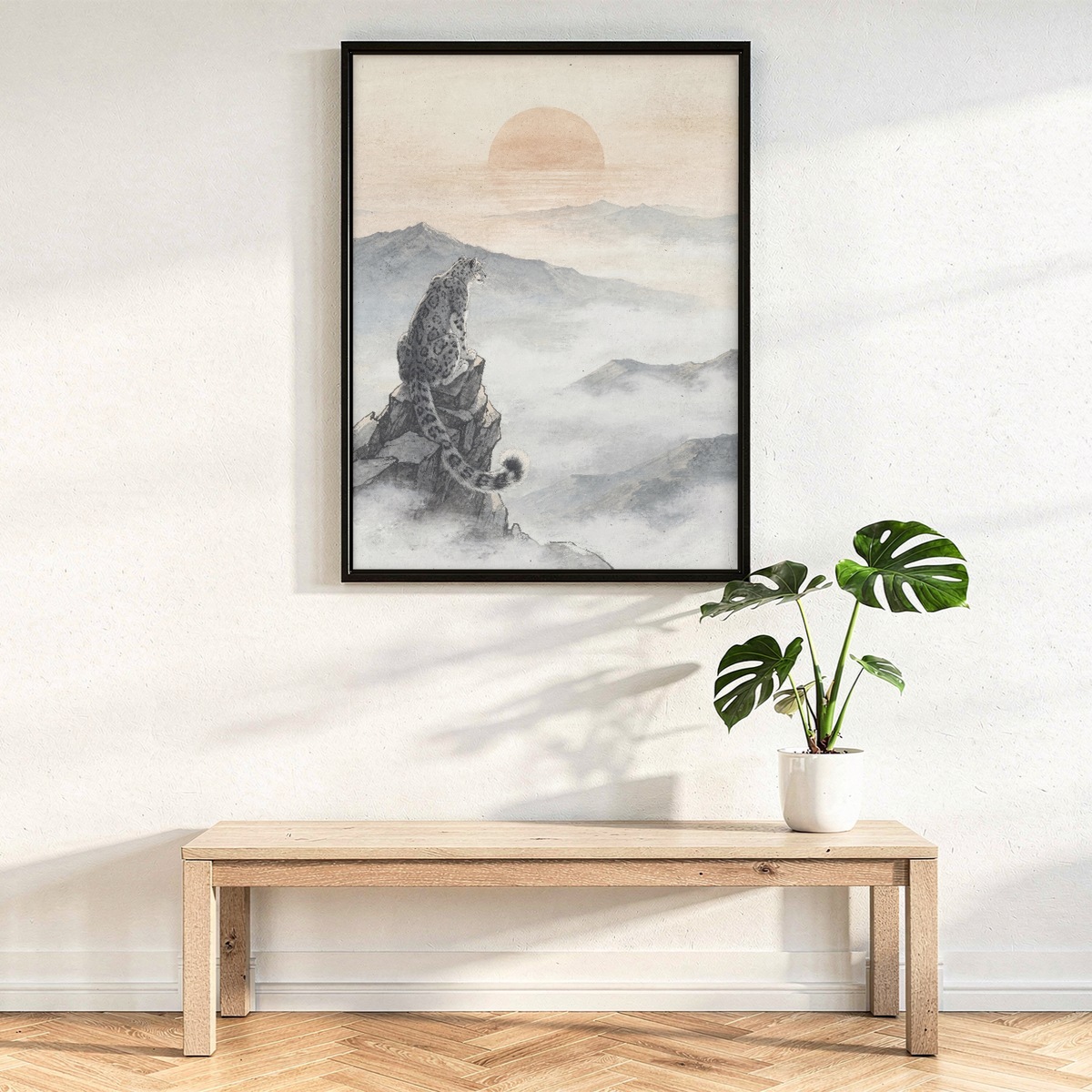 Snow Leopard Wall Art, Misty Mountain Sunrise Print, Japandi Wabi Sabi Poster