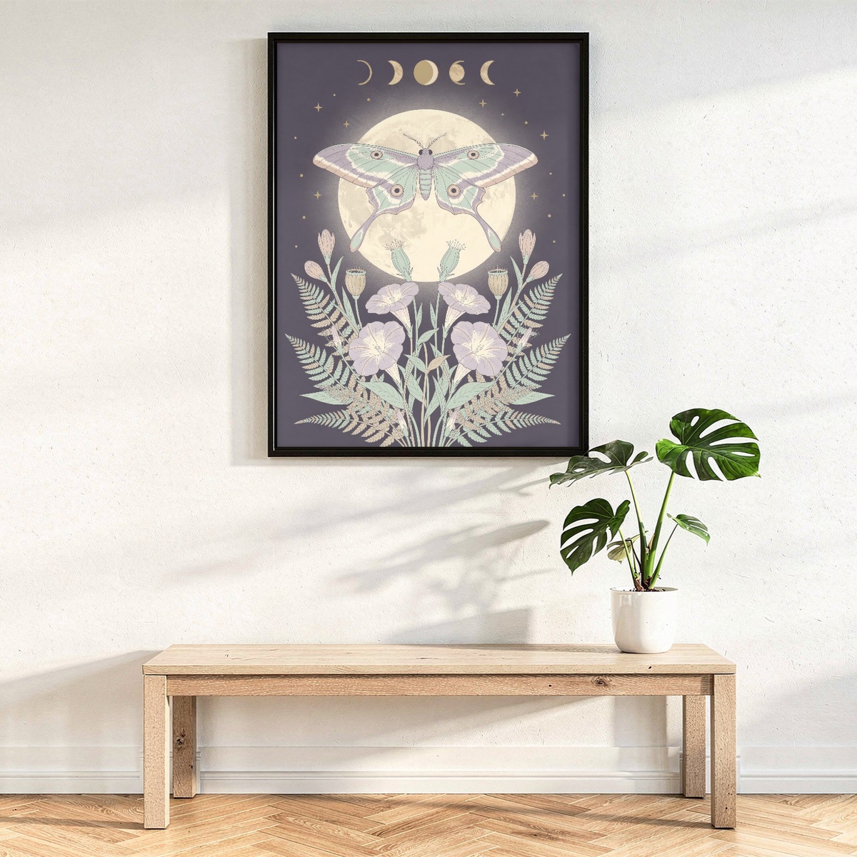 Luna Moth Moon Phase Poster, Whimsigoth Celestial Wall Art, Dark Botanical Print